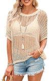 Apricot Fishnet Knit Ribbed Round Neck Short Sleeve Sweater Tee