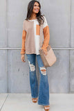 Orange Long Sleeve Colorblock Chest Pocket Textured Knit Top