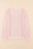 Pink Loose Pointelle Knit Ribbed V Neck Sweater