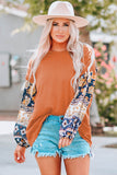 Brown Boho Floral Print Balloon Sleeve Top with Lace Details