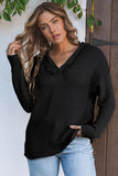 V Neck Ribbed Drop Shoulder Hooded Sweater