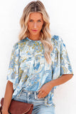 Sky Blue Paisley Pattern Print Drawstring V Neck Blouse