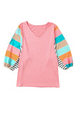 Rose Stripe Color Block Bubble Sleeve Top