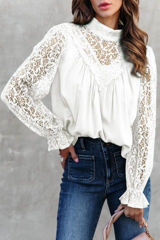 Black Mock Neck Lace Splicing Long Sleeve Blouse