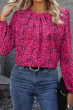 Rose Leopard Print Pleated Blouse with Keyhole