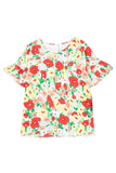 Red Floral Print Ruffled Short Sleeve V Neck Blouse