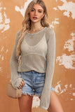 Khaki Hollow-out Knit Long Sleeve Top