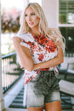 Red Floral Short Sleeve Round Neck Blouse