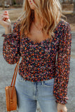 Black  V Neck Bubble Sleeve Floral Blouse