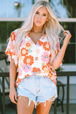 Purple Multicolor Stand Collar Flutter Sleeves Floral Top