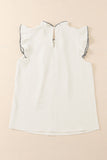 White Contrast Trim Ruffled Crew Neck Sleeveless Top