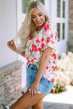 Red Floral Print Ruffled Short Sleeve V Neck Blouse