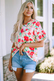 Red Floral Print Ruffled Short Sleeve V Neck Blouse