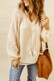 Beige Leopard Mesh Bubble Sleeve Split Neck Blouse