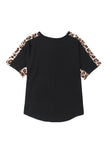 Black Leopard Splicing O-neck Short Sleeve T Shirt