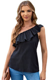 Black Ruffle One Shoulder Crinkle Tank