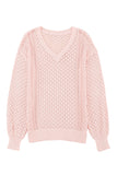 Pink Loose Pointelle Knit Ribbed V Neck Sweater