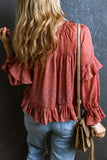 Red Swiss Dot Lace up V Neck Ruffled Blouse