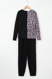 Black Contrast Leopard Long Sleeve Pullover and Joggers Outfit