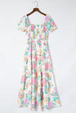 Multicolor Square Neck Puff Sleeve Tiered Floral Maxi Dress