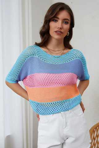 Sky Blue Knitted Eyelet Colorblock Striped Half Sleeves Top