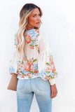 White Floral Striped Print Smocked Lantern Sleeve Top