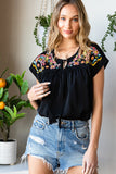 Black Geometric Floret Embroidered Short Sleeve Blouse