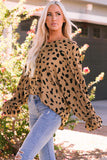 Leopard V Neck Ruffled Cuffs Loose Blouse