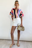 Multicolor Color Block Striped Puff Sleeve Buttoned Shirt