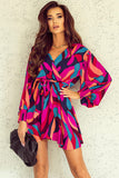 Red Abstract Printed Belted Puff Sleeve Mini Dress