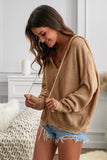 Khaki Zipper V-neck Dropped Sleeve Hooded Solid Sweater