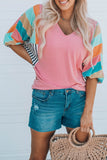 Rose Stripe Color Block Bubble Sleeve Top