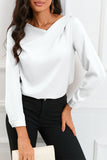 Brown Solid Asymmetric V Neck Long Sleeve Satin Blouse