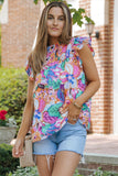 Multicolor Floral Print Flutter Sleeves Smocked Neck Blouse