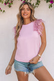 Pink Sequined Ruffle Mesh Sleeves Top