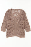 Khaki Hollowed Knit V Neck Dolman Sleeve Sweater