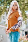 Brown Leopard Sequin Patchwork Long Sleeve Top