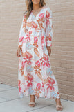 Tropical Plant Print Long Sleeve Wrap V-Neck Slit Maxi Dress