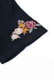 Black Floral Embroidered Round Neck Short Sleeve T Shirt