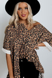 V Notch Rolled Cuffs Loose Leopard Top