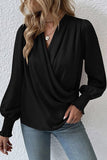 Black Solid Surplice Neck Shirred Cuffs Draped Blouse