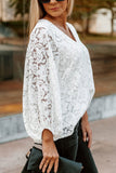 White Floral Lace Crochet Loose Fit V Neck Top