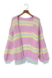 Pink Contrast Striped Open Front Cable Cardigan