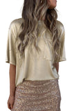 Apricot Glitter Chest Pocket Round Neck Long Sleeve Top