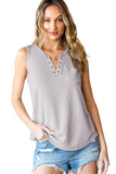 Gray Notched Neck Eyelet Thermal Knit Tank