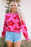 Rose Big Flower Knit Ribbed Trim Sweater