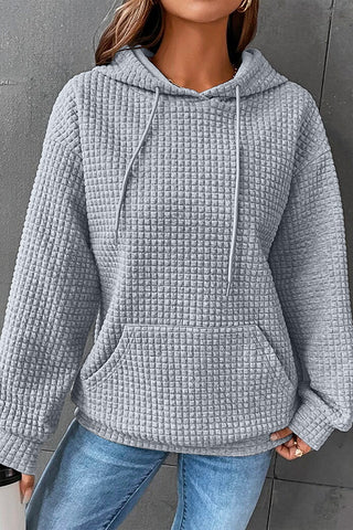 Gray Lattice Textured Kangaroo Pocket Drawstring Hoodie