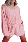 Pink Swiss Dot Split Neck Long Sleeve Top and Shorts Lounge Set