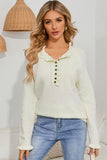 Khaki Frill Trim Buttoned Knit Pullover Sweater