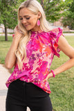 Rose Floral Flutter Sleeves Frilled Neck Blouse